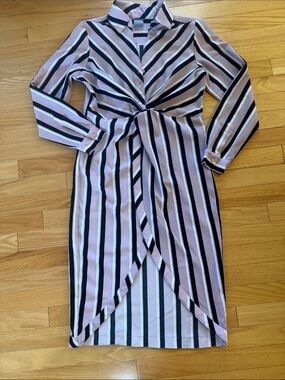 New York & Company Pink, Black and White Striped Twist-Front Tunic Dress